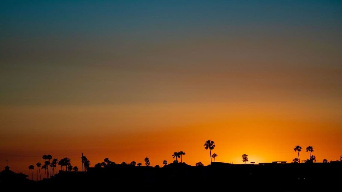 Les silhouettes de palmiers bordent une colline sur fond de ciel dégradé orange et bleu foncé au coucher du soleil.