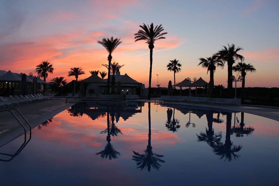 Silhouettierte Palmen spiegeln sich in einem Hotelpool mit einem farbenfrohen rosa-lila Sonnenuntergangshimmel.