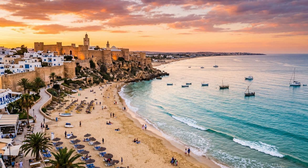 Luftbild einer befestigten Stadt auf einer Klippe, unter der sich ein Sandstrand mit Menschen und Booten erstreckt, bei Sonnenuntergang.
