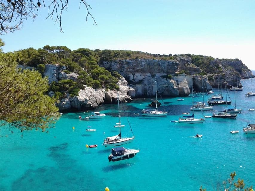Barche e yacht sono ancorati in una baia con acqua cristallina turchese, accanto a una scogliera rocciosa coperta da alberi verdi.