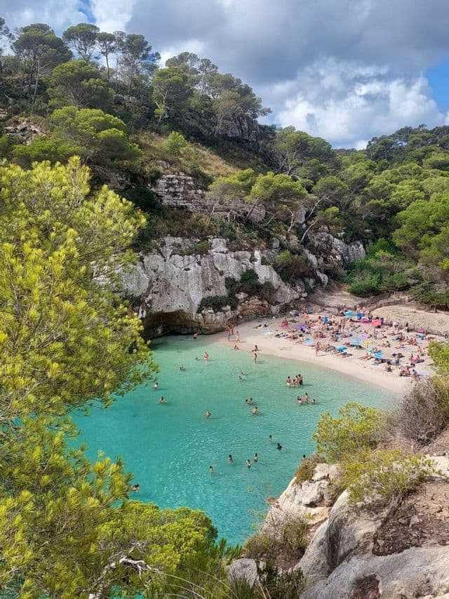 Persone che nuotano in acque turchesi e prendono il sole su una spiaggia sabbiosa in una caletta circondata da scogliere rocciose e alberate.