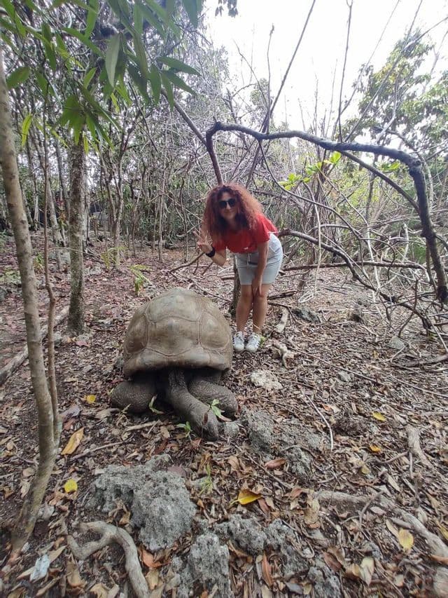 Una donna dai capelli rossi ricci posa con il segno della pace accanto a una tartaruga gigante in un'area boschiva ricca di rami.