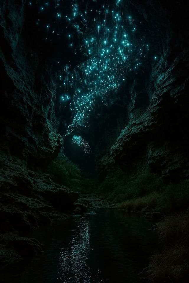 Lucioli bioluminescenti illuminano il soffitto di una grotta buia, la loro luce si riflette sull'acqua sottostante.