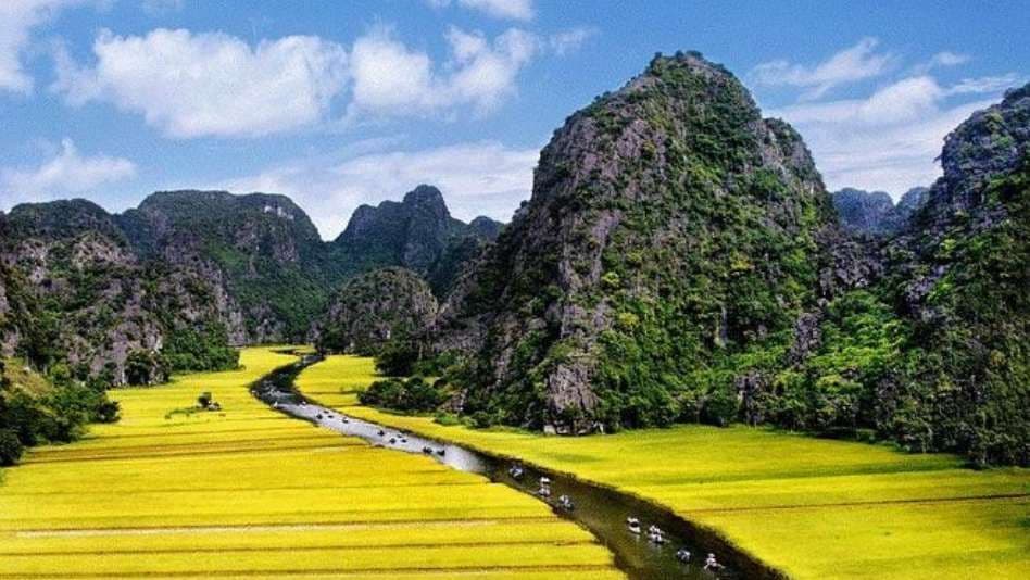 Piccole barche navigano lungo un fiume sinuoso tra risaie gialle e grandi montagne rocciose ricoperte di vegetazione.