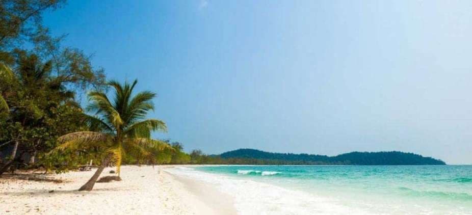 Una palma si china su una spiaggia di sabbia bianca, con acqua turchese e un'isola boscosa in lontananza sotto un cielo sereno.