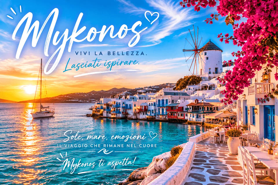 Una città costiera con edifici imbiancati a calce e un mulino a vento al tramonto, con una barca a vela sul mare e fiori rosa in primo piano.