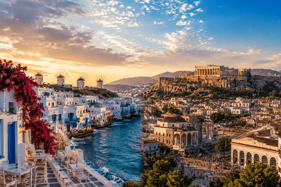 Un'immagine composita che contrappone un villaggio costiero con edifici bianchi e mulini a vento a un'antica acropoli che domina una città al tramonto.