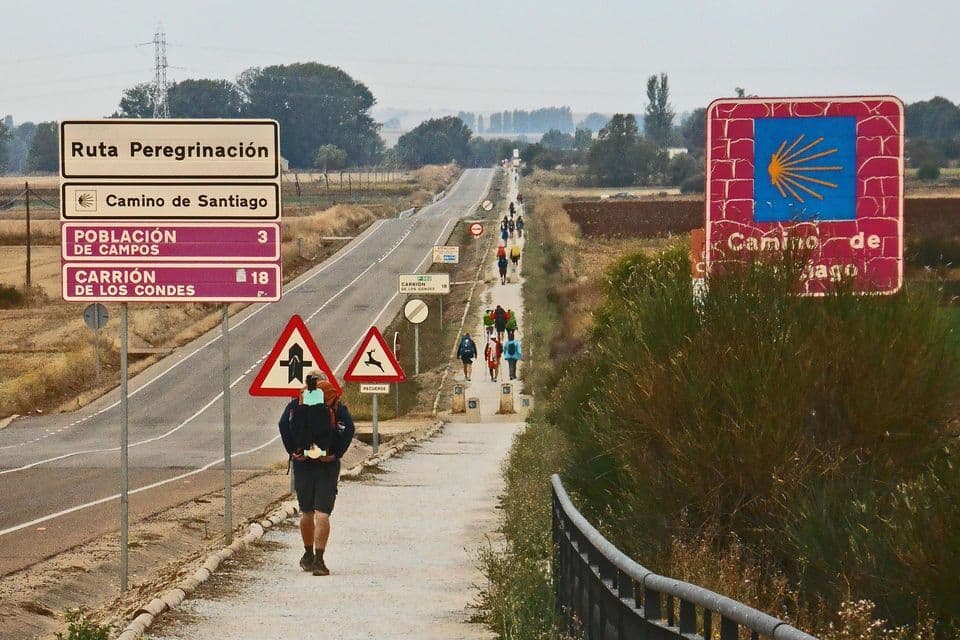 Un viaggio di gruppo WeRoad di pellegrini cammina lungo un sentiero accanto a una strada, seguendo le indicazioni per il Cammino di Santiago.