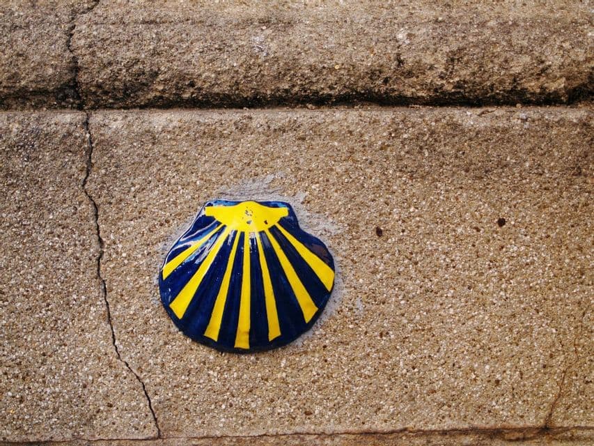Un primo piano di una conchiglia di capasanta gialla e blu, il simbolo del Cammino di Santiago, incastonata in un muro di pietra.