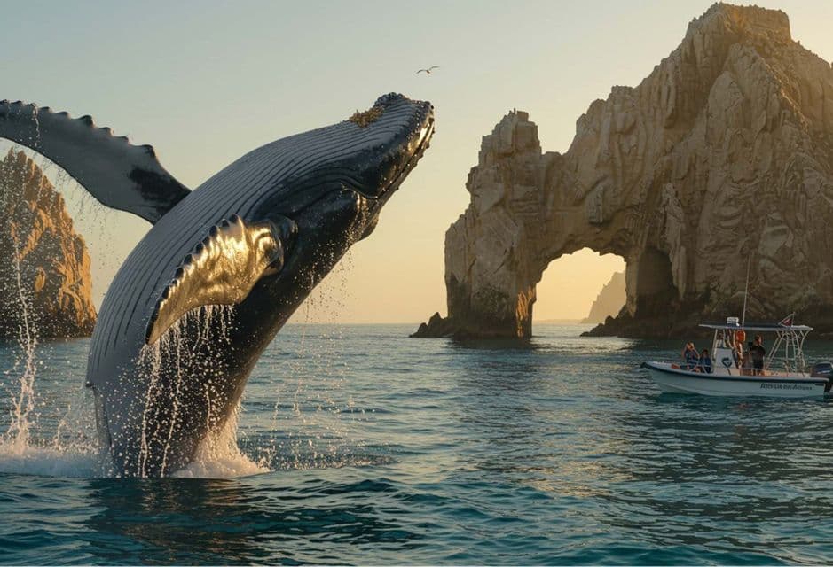 Una balena megattera emerge dall'oceano mentre un gruppo in viaggio WeRoad osserva da una barca vicino a un grande arco di roccia.