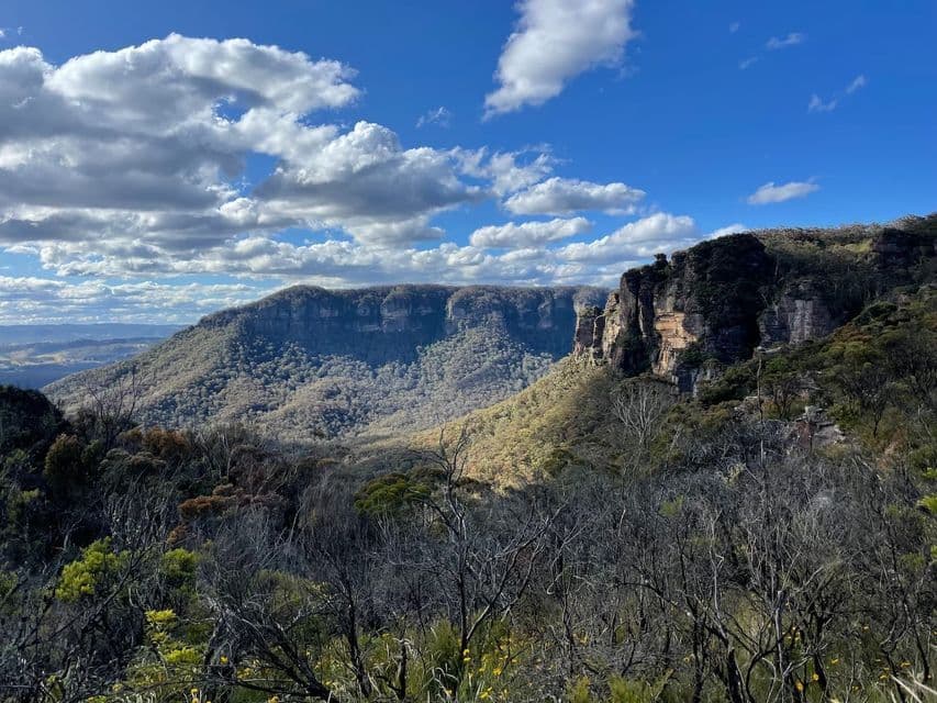 Une vue imprenable sur une vallée montagneuse boisée avec des falaises rocheuses abruptes sous un ciel bleu parsemé de nuages blancs.