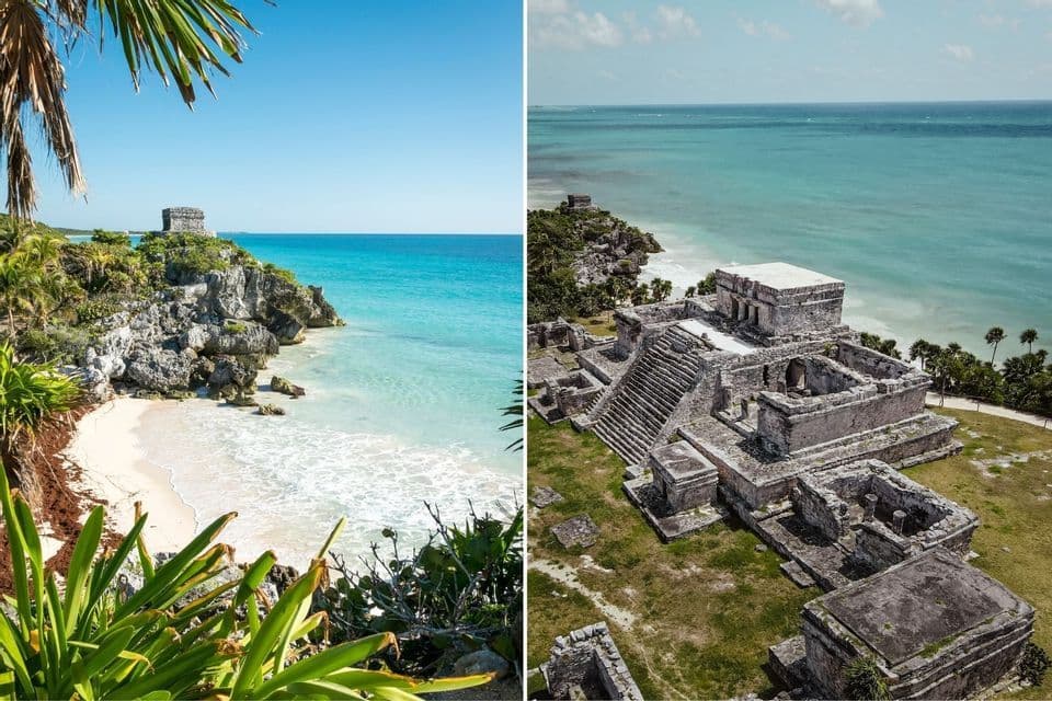 Antike Ruinen auf einer Klippe am türkisfarbenen Meer, dargestellt als Strandansicht und Luftaufnahme des Tempelkomplexes.