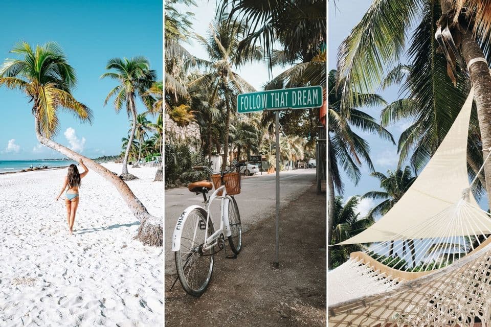 Eine dreiteilige Collage mit tropischen Szenen: eine Frau am Strand, ein Schild mit der Aufschrift 'Follow That Dream' und eine Hängematte zwischen Palmen.