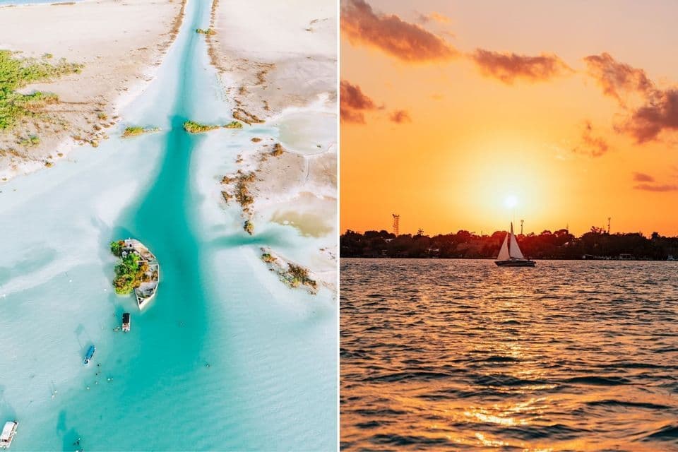 Ein geteiltes Bild zeigt eine Luftaufnahme eines Wracks in türkisfarbenem Wasser und ein Segelboot auf dem Wasser bei Sonnenuntergang.