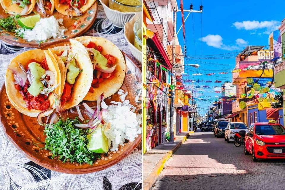 Ein Diptychon, das links einen Teller Tacos und rechts eine bunte Straße mit hellen Gebäuden und geparkten Autos zeigt.