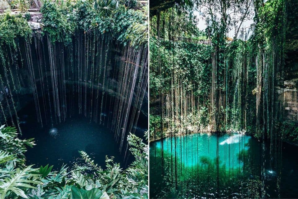 Ein geteiltes Bild eines Naturpools im Dschungel, mit langen Ranken, die zum dunkelblauen und türkisfarbenen Wasser herabhängen.