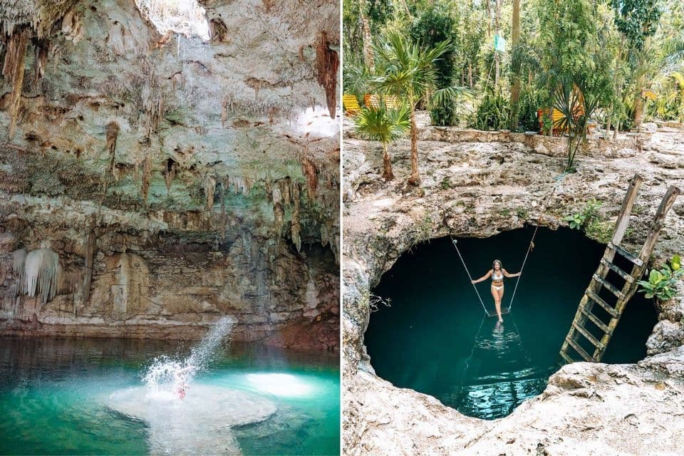 Ein Kompositbild einer Cenote: Eine Person planscht in einer Höhle, und eine Frau schwingt auf einer Schaukel über einem Freiluftbecken.