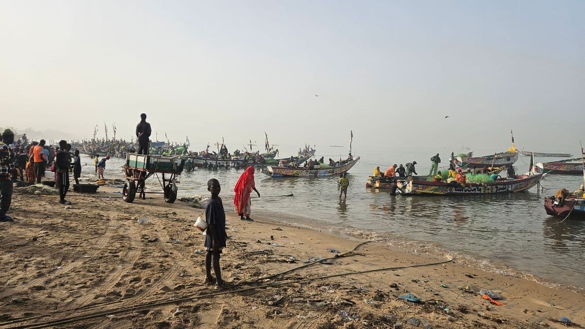 Viele Menschen und bunte Fischerboote drängen sich an einem Sandstrand und im flachen Wasser unter einem diesigen Himmel.