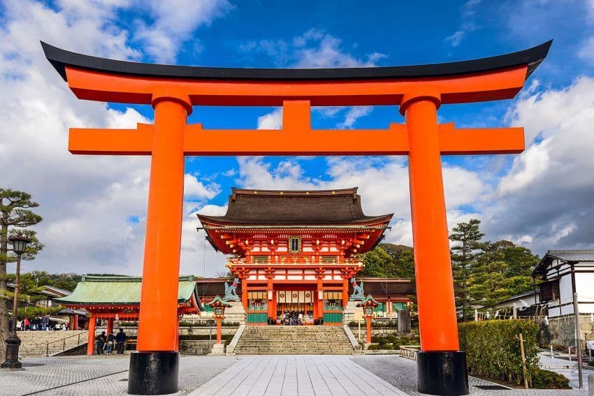 Un grande torii arancione incornicia la vista di un tradizionale santuario giapponese con persone sui gradini sotto un cielo blu nuvoloso.
