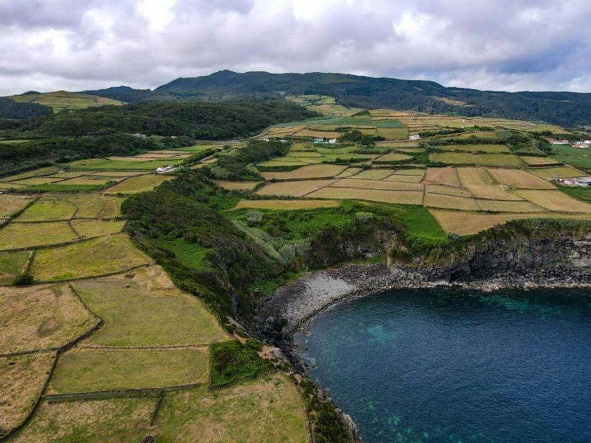 Una vista aerea di un litorale che mostra campi a mosaico su scogliere verdi a picco su una cala rocciosa con acqua blu scuro, sotto un cielo nuvoloso.