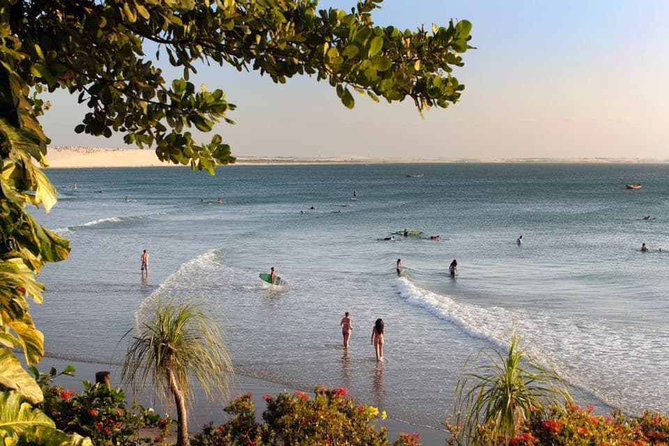 Una vista elevada de personas surfeando y nadando en el océano en una playa, con dunas de arena visibles a lo lejos.