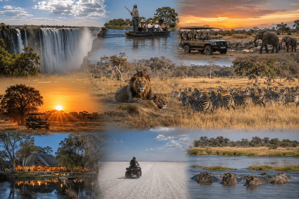 Eine Collage von Safari-Momenten: eine WeRoad-Gruppe im Jeep, ein großer Wasserfall, Löwen, Elefanten, Zebras und Flusspferde.