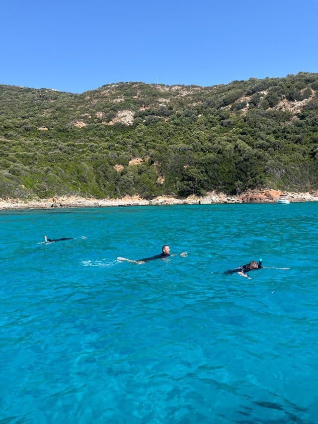 Un voyage de groupe WeRoad pour faire du snorkeling dans des eaux turquoise cristallines, le long d'une côte verdoyante et arborée.