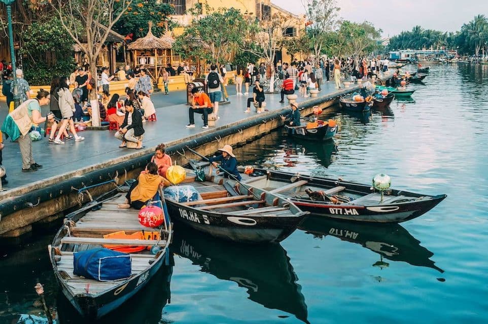 Hoi An riverfront Wooden boats on the Thu Bon river in front of Hoi An Old Town
