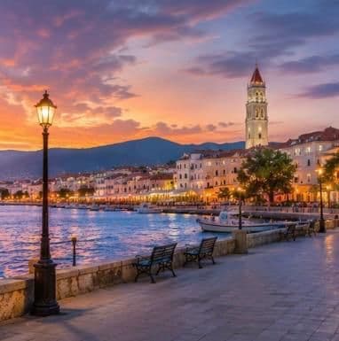 Passeggiata pavimentata sul lungomare con lampione illuminato e vista su una città costiera con campanile al tramonto.