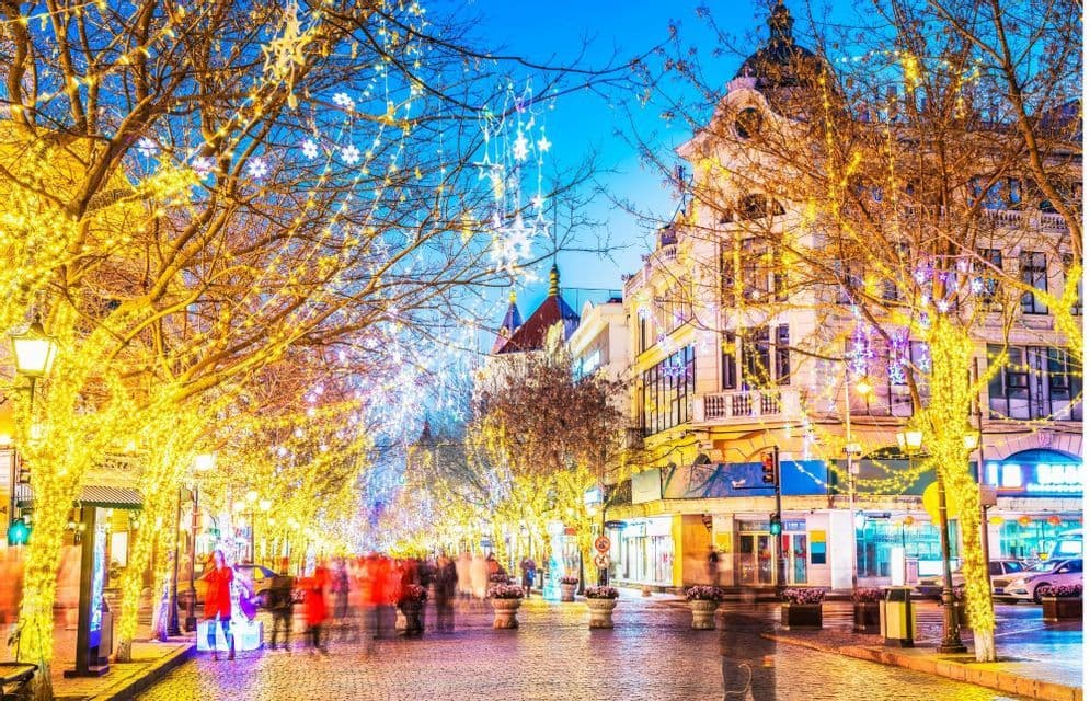 Una strada cittadina alberata, illuminata da luminarie natalizie gialle brillanti, con persone sfocate che camminano sui sampietrini al crepuscolo.