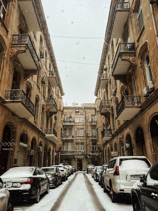 Une rue étroite et enneigée bordée de voitures garées entre de hauts bâtiments classiques pendant une chute de neige.