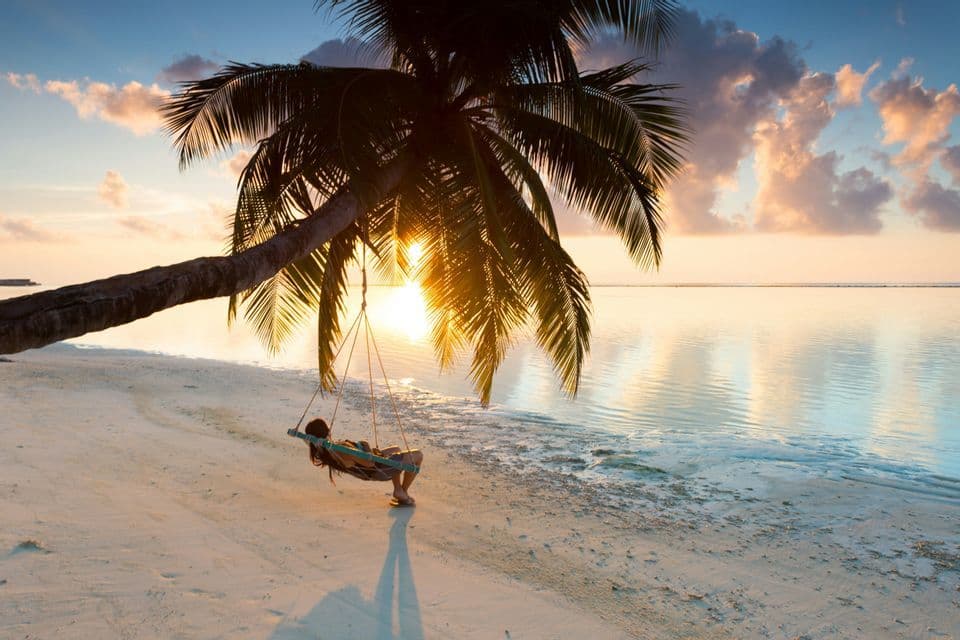 A person relaxes on a swing hanging from a palm tree on a sandy beach, watching the sunset over the calm ocean.