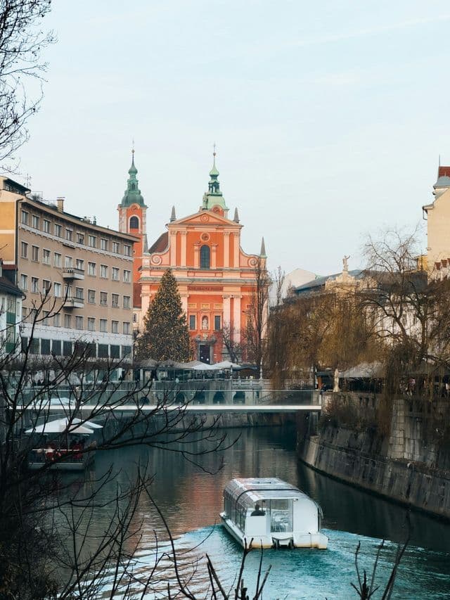 Una barca turistica bianca naviga lungo un fiume in una città, passando accanto a una grande chiesa rosa e un albero di Natale decorato sulla riva.