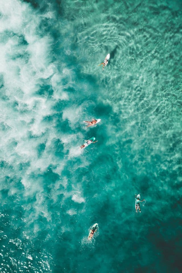 Vista aerea di un gruppo WeRoad di surfisti che remano sulle loro tavole in acque turchesi e limpide con schiuma bianca.