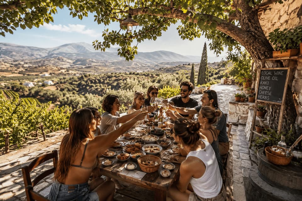 Un gruppo WeRoad brinda con calici di vino a un tavolo all'aperto, affacciato su dolci colline e vigneti.