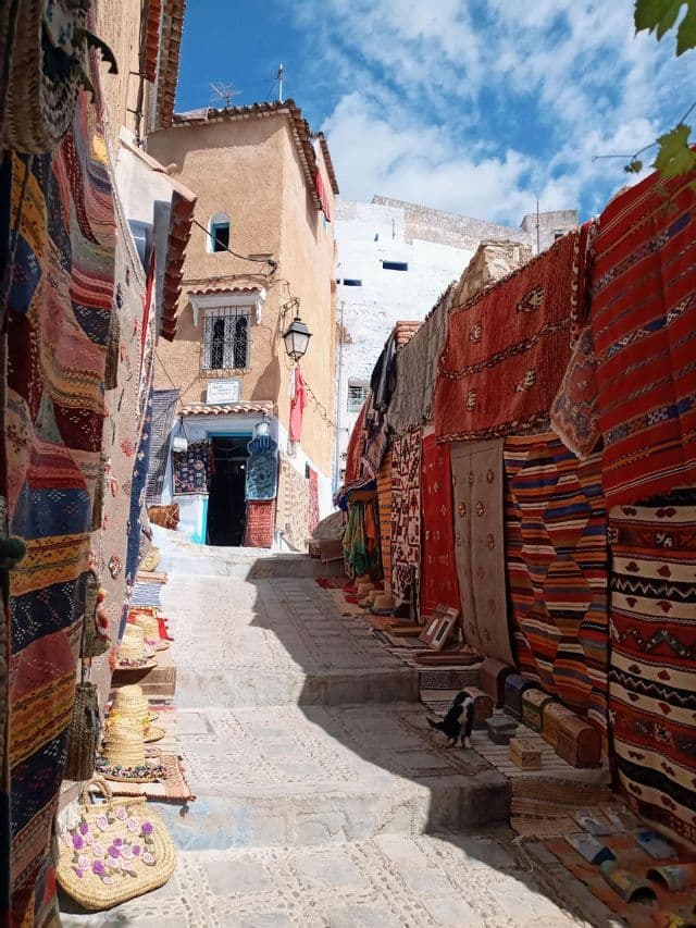Un estrecho callejón empedrado con escalones, flanqueado por coloridas alfombras y bolsos tejidos a la venta.