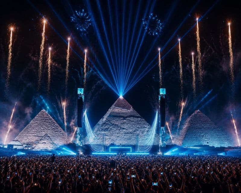 Une grande foule lors d'un concert nocturne assiste à un spectacle de lumières bleues et un feu d'artifice devant trois grandes pyramides.