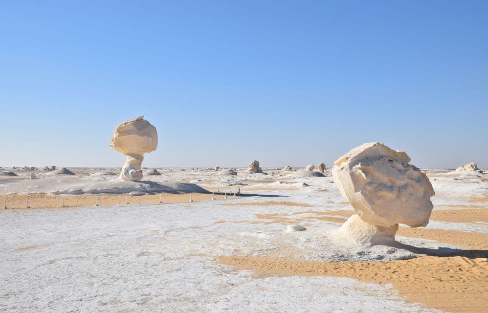 De grandes formations calcaires blanches, dont une en forme de champignon, se dressent dans un désert de sable sous un ciel bleu clair.