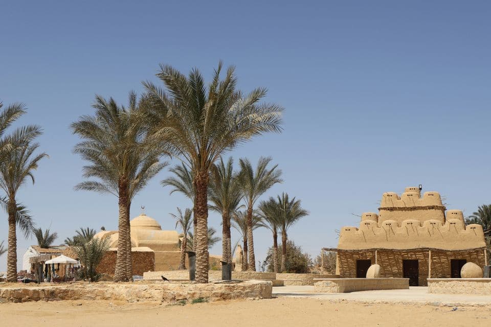 Des bâtiments traditionnels couleur sable, dont une structure en dôme, se dressent au milieu de grands palmiers dans un désert sous un ciel clair.