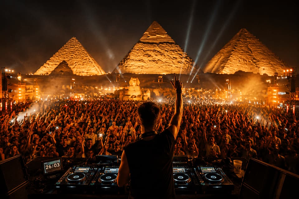 Vu de dos, un DJ lève la main au-dessus de sa console de mixage, face à une foule immense lors d'un concert de nuit devant les pyramides de Gizeh illuminées.