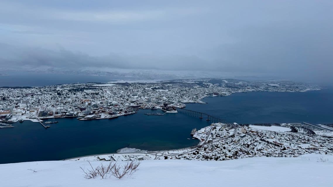 A high-angle view of a snow-covered city on a peninsula, with a bridge crossing the dark water under an overcast sky.