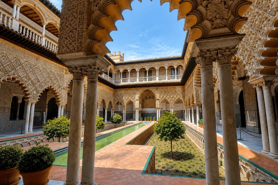 Un cortile ornato con archi e pilastri in stile moresco che circondano un giardino centrale e una lunga e stretta vasca d'acqua.