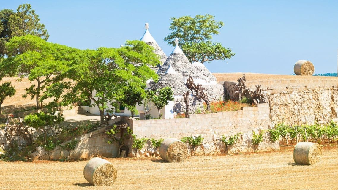 Capanne tradizionali in pietra con tetti conici circondate da alberi verdi in un campo soleggiato con grandi balle di fieno.