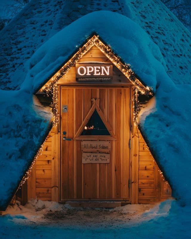 L'ingresso di una baita di legno innevata, illuminato da lucine e un cartello 'APERTO' al crepuscolo.