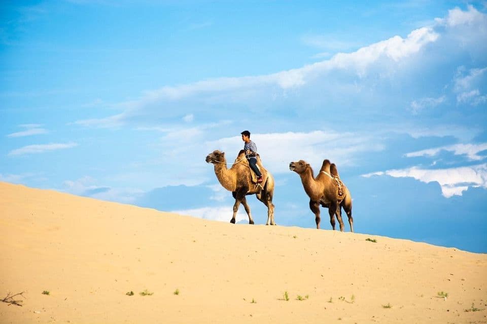 A person rides a camel along the ridge of a sand dune, with a second camel walking alongside under a blue, cloudy sky.