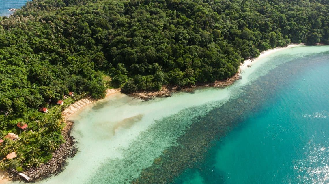 Una vista aerea della costa di un'isola tropicale con una lussureggiante foresta verde, una spiaggia sabbiosa e acqua cristallina turchese che rivela una barriera corallina sottomarina.
