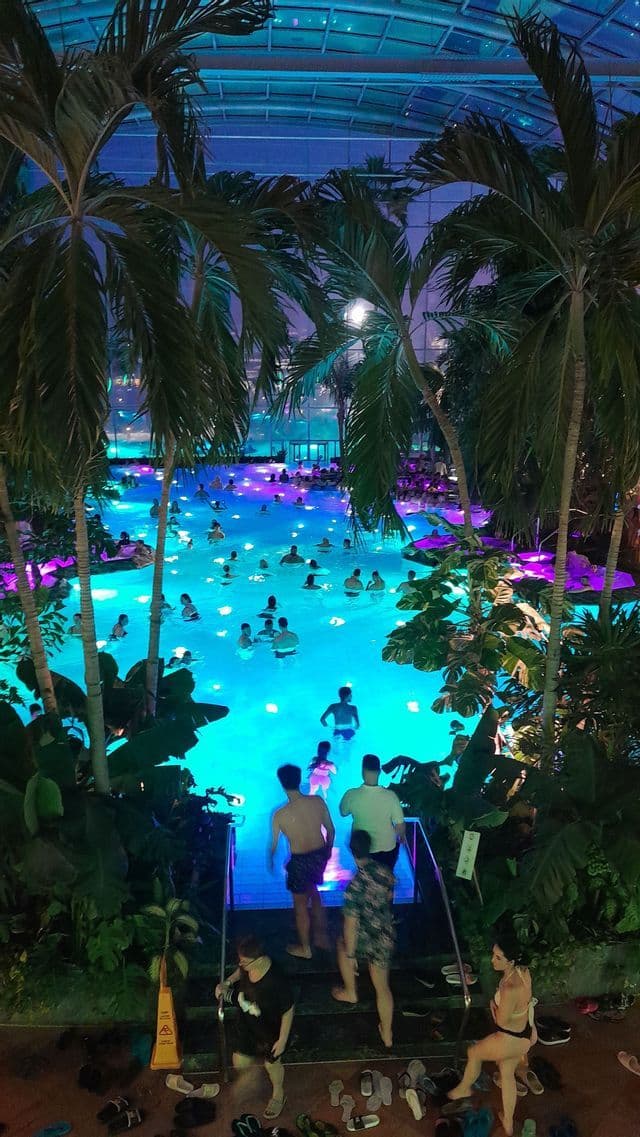 Menschen, die in einem beleuchteten, von tropischen Palmen umgebenen Thermal-Hallenbad entspannen und schwimmen.