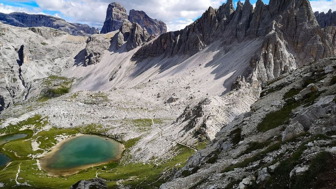 Erhöhter Blick auf einen türkisfarbenen Alpensee und einen gewundenen Pfad in einem weiten, felsigen Gebirgstal unter teils bewölktem Himmel.