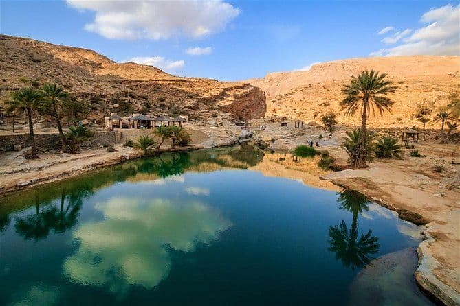 A desert oasis with still, blue water reflecting palm trees and a rocky canyon under a partly cloudy sky.