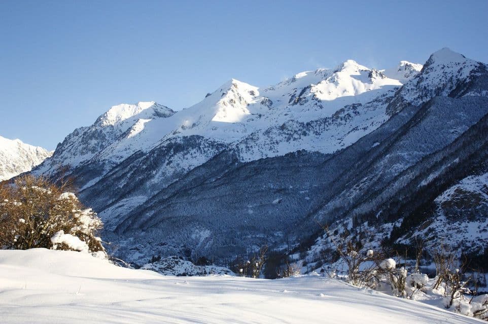 La luz del sol ilumina los picos de montañas nevadas, proyectando sombras sobre un valle boscoso en un día despejado.